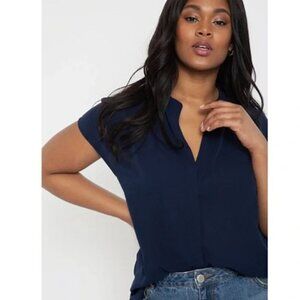 Eloquii Short Sleeve V-Neck Notch Collar Blouse Navy Blue Women's 24 Office